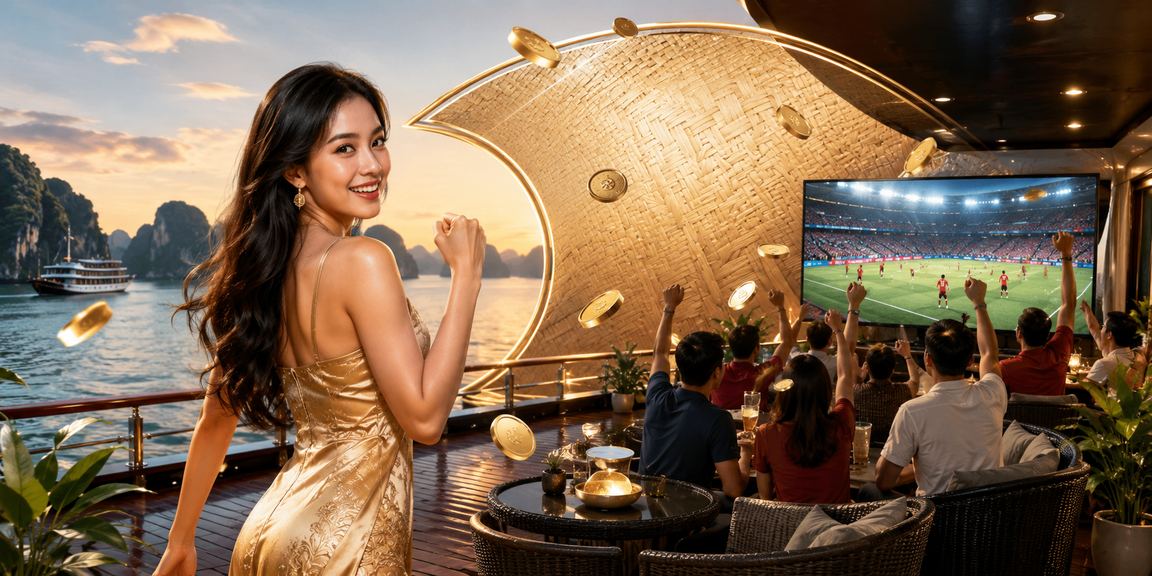 Khung cảnh vịnh Hạ Long với người dùng mặc nón lá nhận hoàn tiền từ nền tảng giải trí trực tuyến