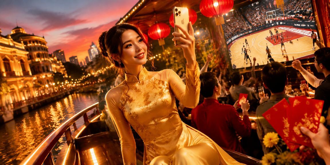 Người phụ nữ mặc áo dài tại Hà Nội xem thông tin đặt cược bóng rổ trên thiết bị cầm tay