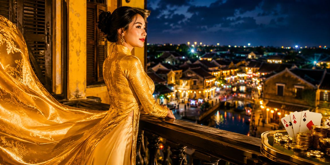 Người phụ nữ mặc áo dài tại Hội An tham gia trò chơi bài truyền thống trong không gian lễ hội